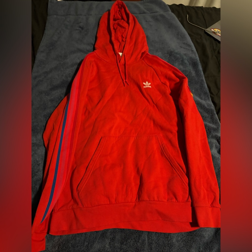 Adidas Red Hoodie with Blue Stripes